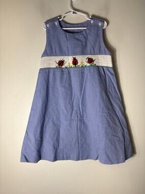 Girls Vingtage Be Mine Blue&White sleeveless smocked ladybug dress Sz 5